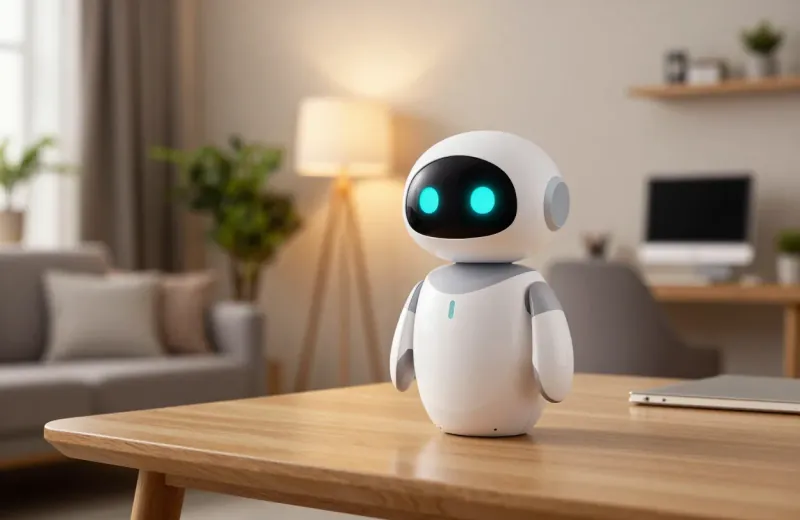 A small white robot assistant on a desk