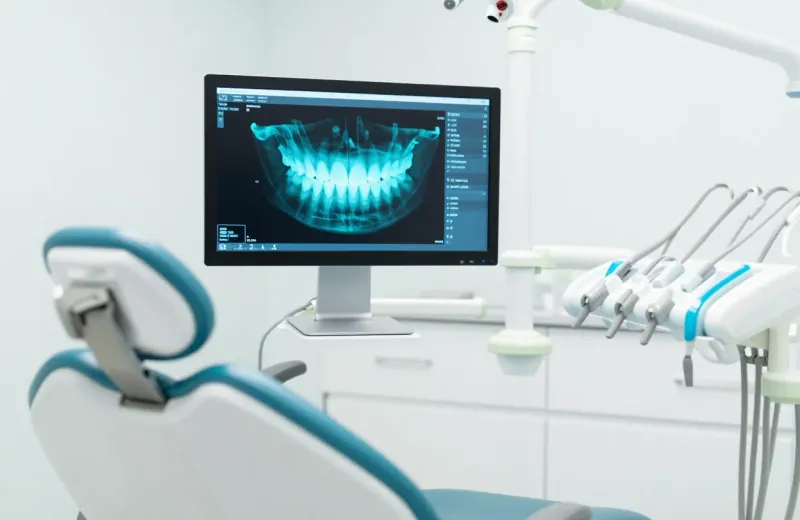A dental surgery with a monitor showing a dental X-ray