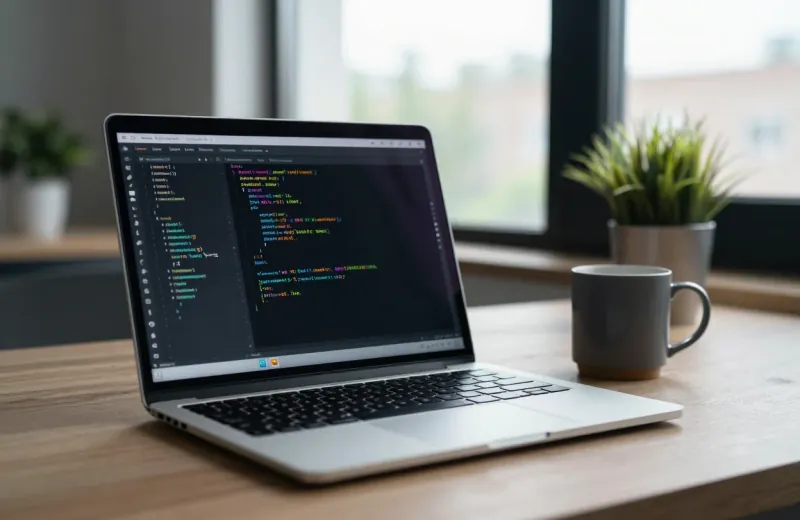 A laptop with a code editor on a wooden desk
